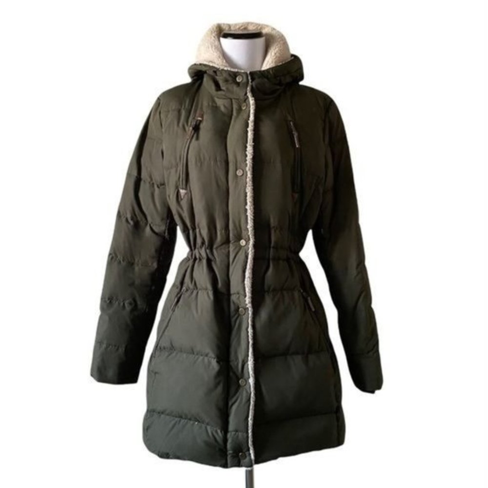LAUREN RALPH LAUREN Sz M Green Quilted Puffer Sherpa Trim Hooded Coat